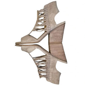 Lucca Lane | Amber Beige Suede Leather Cage Open Toe Stacked Heel Sandals